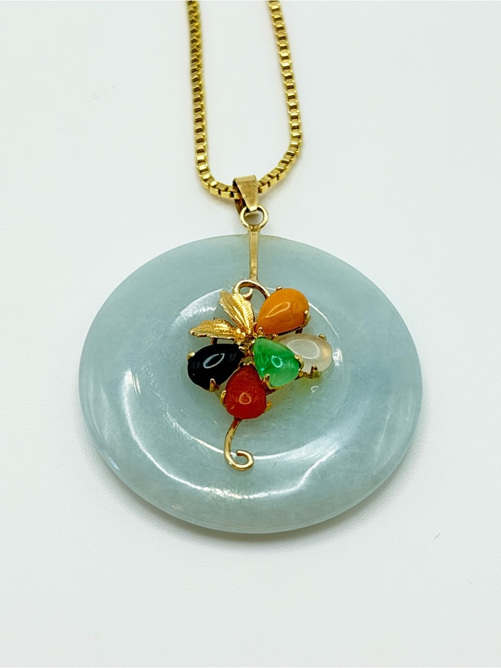 Vintage Multicolor Jade Floral w/Solid 14K Gold Disc Pendant + Bonus 19” Chain